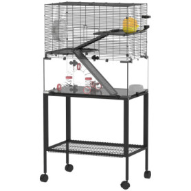 Hamsterbur Svart i Stål & Plast – 3 Nivåer med Glasbotten, 77×49×130,5 cm