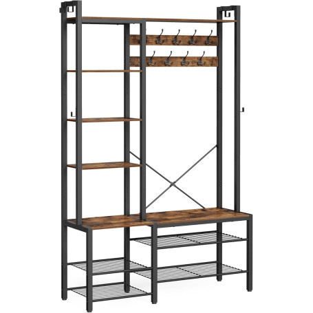 Klädstativ i vintage brun/bläcksvart med skohylla – 5 hyllplan i spånplatta, 9 trippelkrokar, 6 sidokrokar