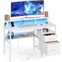 Gaming desk med LED och integrerade uttag – 2 USB, skärmstativ och förvaring i tyglådor, vit 120 × 55 × 90 cm