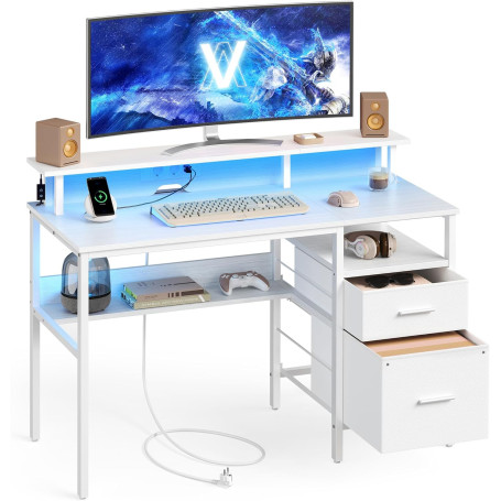 Gaming desk med LED och integrerade uttag – 2 USB, skärmstativ och förvaring i tyglådor, vit 120 × 55 × 90 cm