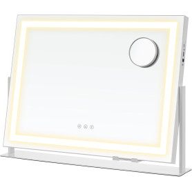 Sminkspegel med LED-belysning  3 ljusfärger, dimbar, 10× förstoringsspegel, touchstyrning, mobilhållare och laddningsportar