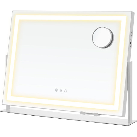 Sminkspegel med LED-belysning  3 ljusfärger, dimbar, 10× förstoringsspegel, touchstyrning, mobilhållare och laddningsportar