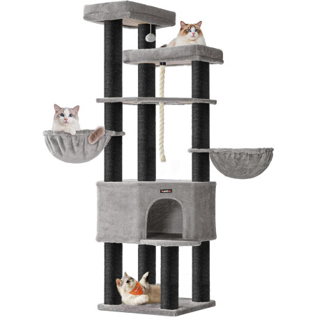 XXL klösträd i flera nivåer – för stora katter, sisalstolpar 11 cm, 186,7 cm, duvgrå/svart