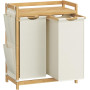Bambu tvättkorg 2 fack med hylla och sidfickor – 100 L (2×50 L), 63×33×78 cm, krämvit