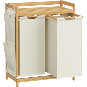 Bambu tvättkorg 2 fack med hylla och sidfickor – 100 L (2×50 L), 63×33×78 cm, krämvit