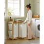 Bambu tvättkorg 2 fack med hylla och sidfickor – 100 L (2×50 L), 63×33×78 cm, krämvit