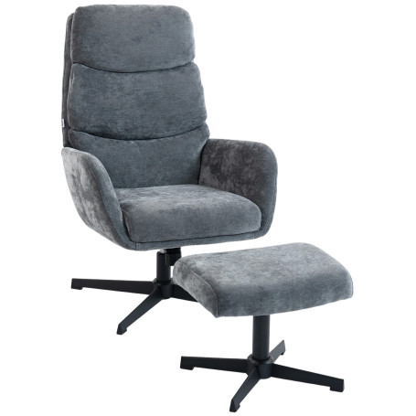 Loungestol Med Fotpall Grå Metallbas Hög Ryggstöd