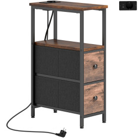 Tunn Sidobord / Sängbord med Laddstation Rustik Brun 20 x 40 x 63 cm Stålram