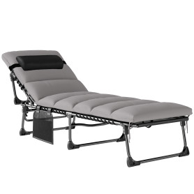 Hopfällbar Solsäng med Tjock, Avtagbar Dyna Grå Justerbart Ryggstöd Och Nackkudde