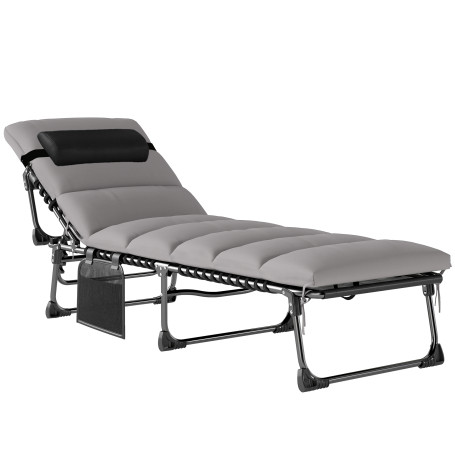 Hopfällbar Solsäng med Tjock, Avtagbar Dyna Grå Justerbart Ryggstöd Och Nackkudde